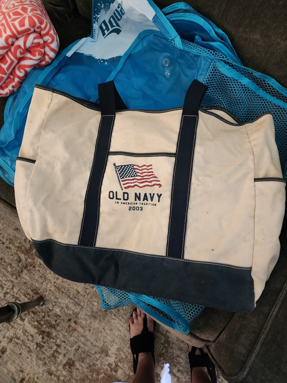 Old Navy Cream and Navy Canvas Duffel Bag with Flag Embroidery